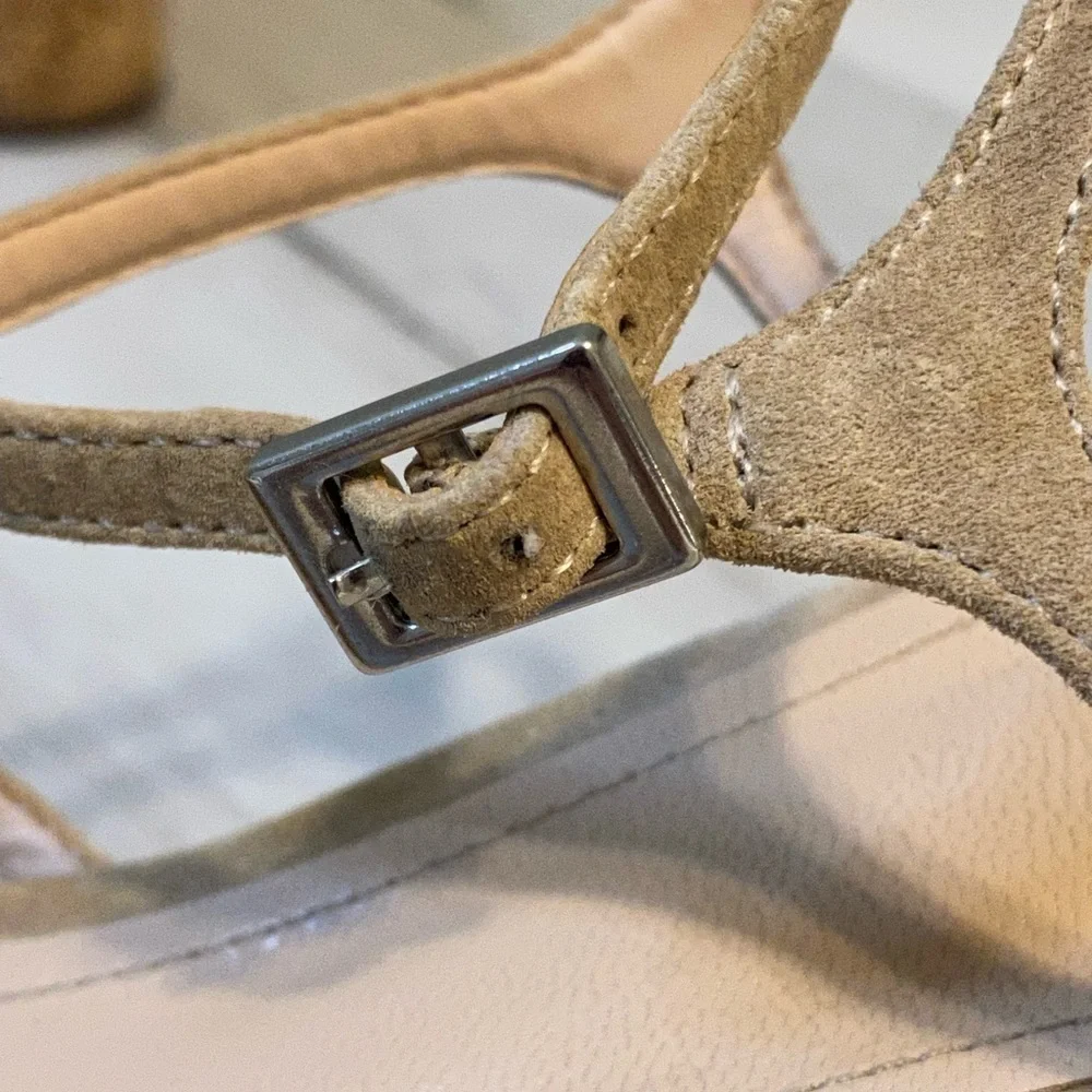 SCHUTZ Tan Cork and Suede Ankle Strap Platform Sandal, Size 8.5B